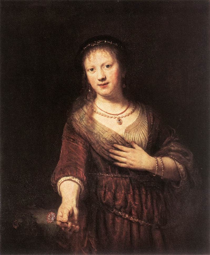 Saskia with a Red Flower by Rembrandt — hand-painted portrait oil painting reproduction on canvas