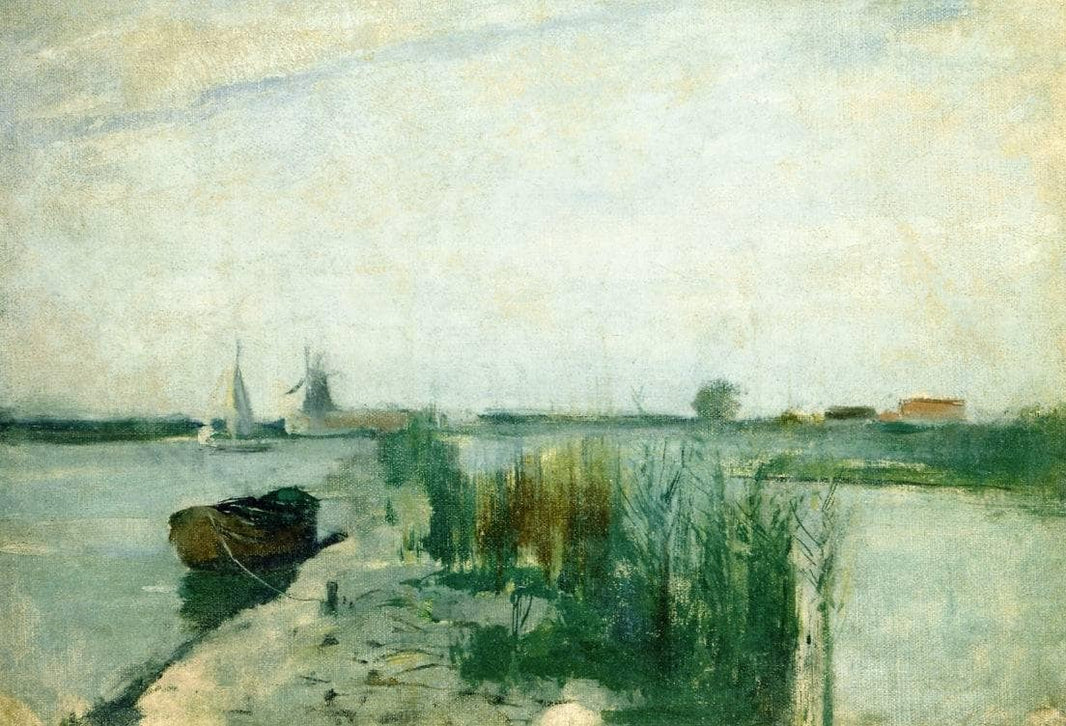 Scene along a Dutch River by John Henry Twachtman — hand-painted landscape oil painting reproduction on canvas