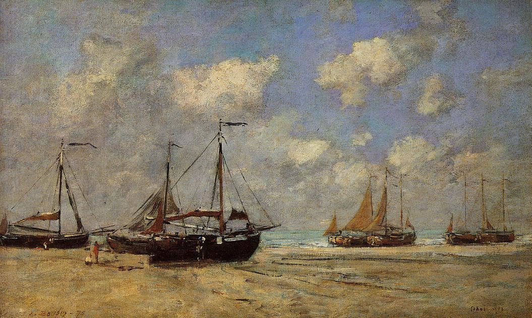 Scheveningen, Boats Aground on the Shore by Eugene Boudin — hand-painted nautical oil painting reproduction on canvas