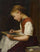 Schoolgirl doing homework in hallway