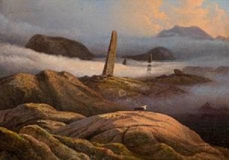 Bauta by the fjord by Knud Baade — hand-painted landscape oil painting reproduction on canvas