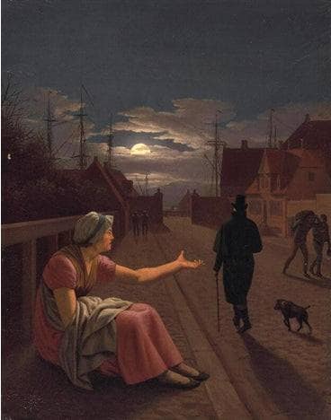 The story of a fallen girl IV: The former beauty sits at Nyhavn and begs; the lover passes by without knowing her by Christoffer Wilhelm Eckersberg — hand-painted landscape oil painting reproduction on canvas