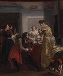 Elegant Company in an Interior, Playing Rock Paper Scissors by Jacob Ochtervelt — group oil painting wall art, Baroque