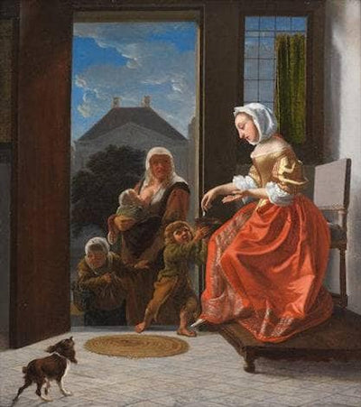 An interior with a lady giving alms to beggars in living room