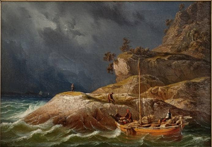 Fjord landscape with people's life by Knud Baade — hand-painted seascapes oil painting reproduction on canvas