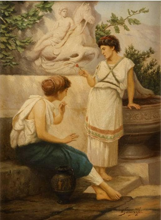 Two greek women at a fountain