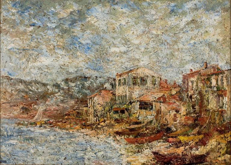 Seascape Near Marseille (Fantastic Village) by Adolphe Joseph Thomas Monticelli — hand-painted landscape oil painting reproduction on canvas