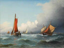 Seascape with fishing boats off a coast by Carl Frederik Sorensen — ships oil painting wall art, Romanticism