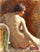 Seated female nude in kitchen