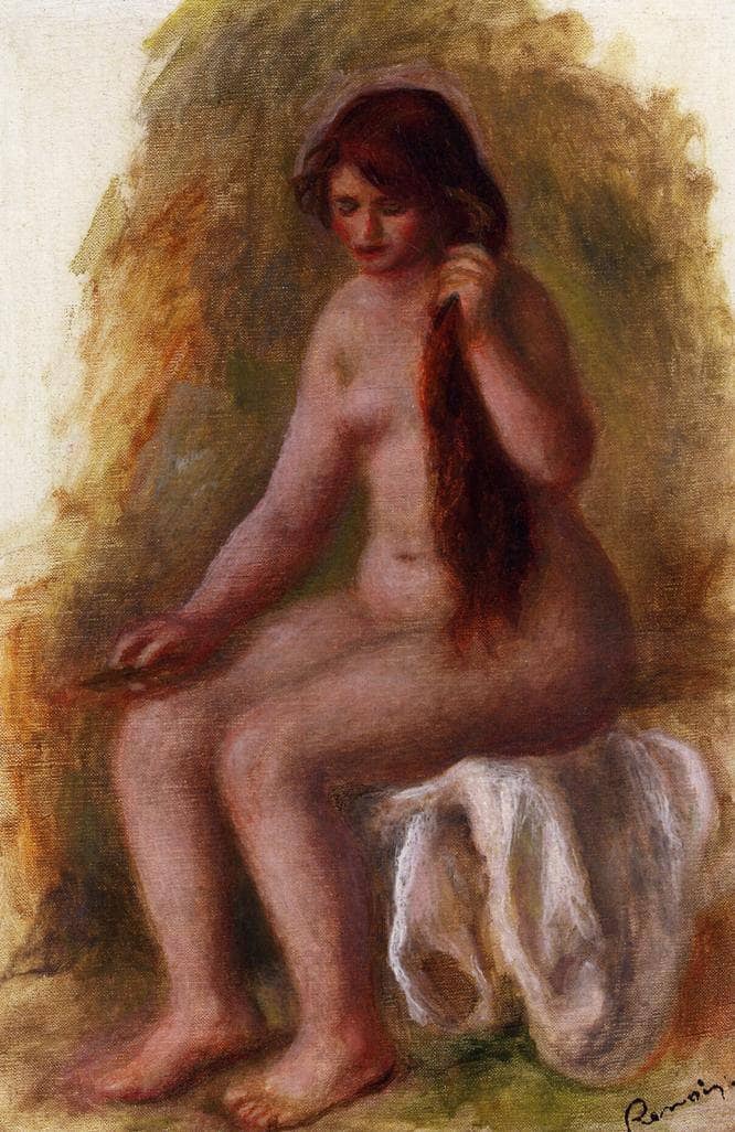 Seated Nude Combing Her Hair by Pierre-Auguste Renoir — hand-painted nude oil painting reproduction on canvas