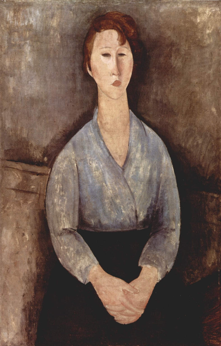 Seated woman weared in blue blouse by Amedeo Modigliani — hand-painted portrait oil painting reproduction on canvas