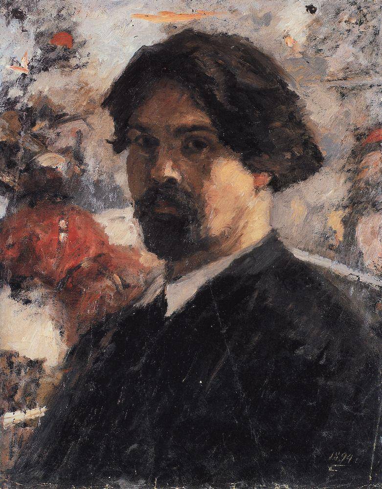 Self-Portrait against the background of picture "The Conquest of Siberia by Yermak" - Vasily Surikov