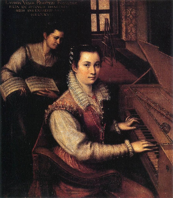Self-Portrait at the Clavichord with a Servant by Lavinia Fontana — hand-painted portrait oil painting reproduction on canvas