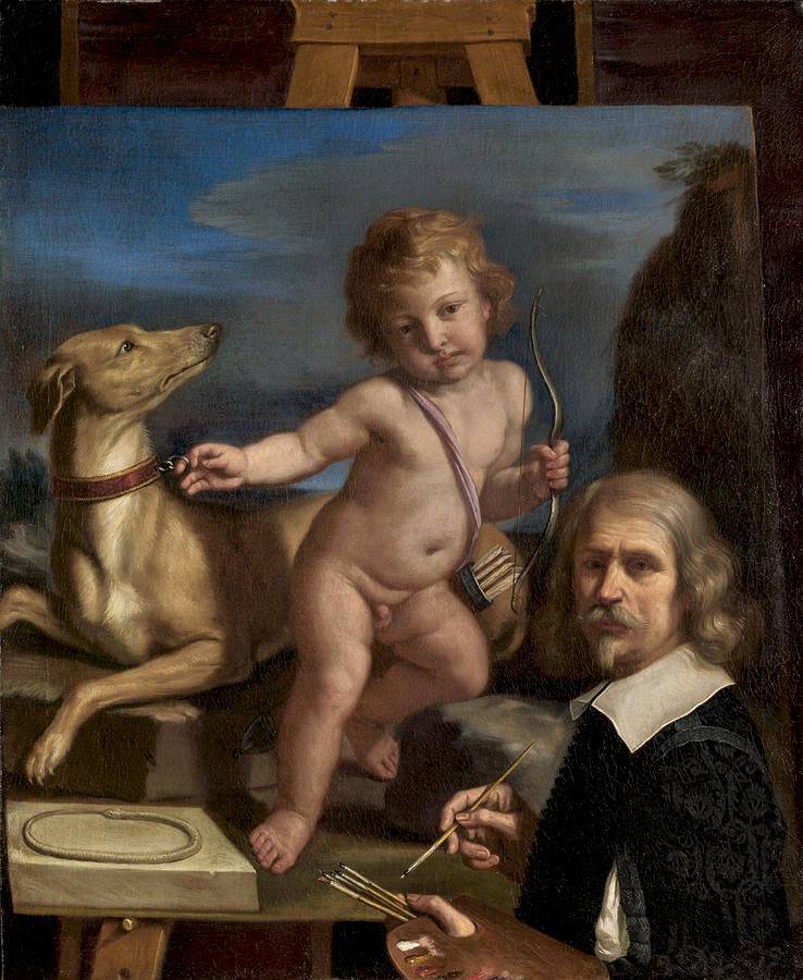 Self-Portrait before a Painting of Amor Fedele by Guercino, hand-painted cultural oil painting reproduction on canvas