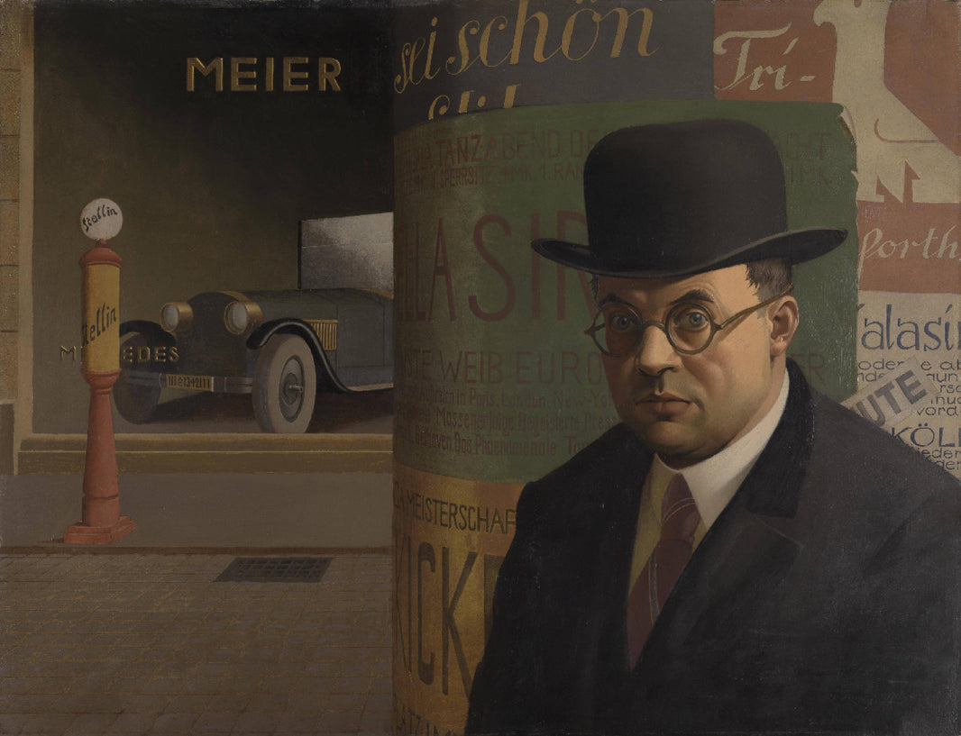 Self-portrait in front of advertising column by Georg Scholz — hand-painted portrait oil painting reproduction on canvas