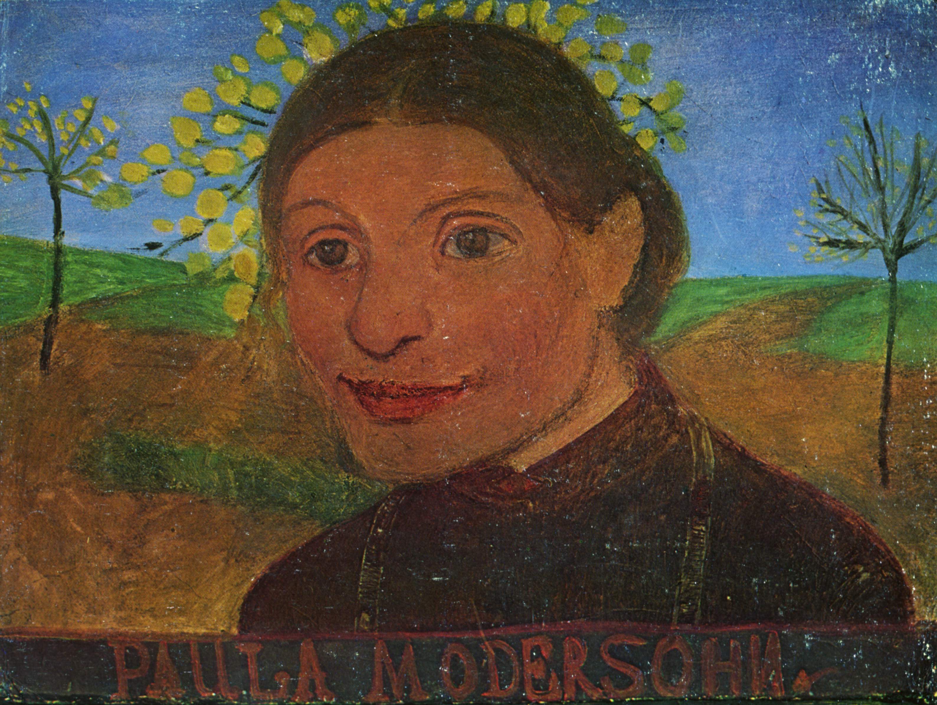 Self portrait in front of flowering trees - Paula Modersohn-Becker