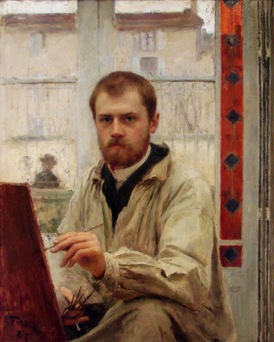 Self-portrait in gray light in kitchen