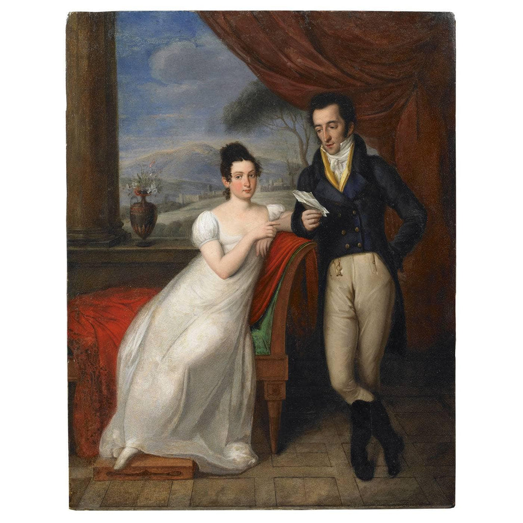 Self Portrait of the Artist with his wife in a Neoclassical interior and view of the Italian countryside in the distance by Vincenzo Camuccini — hand-painted portrait oil painting reproduction on canvas