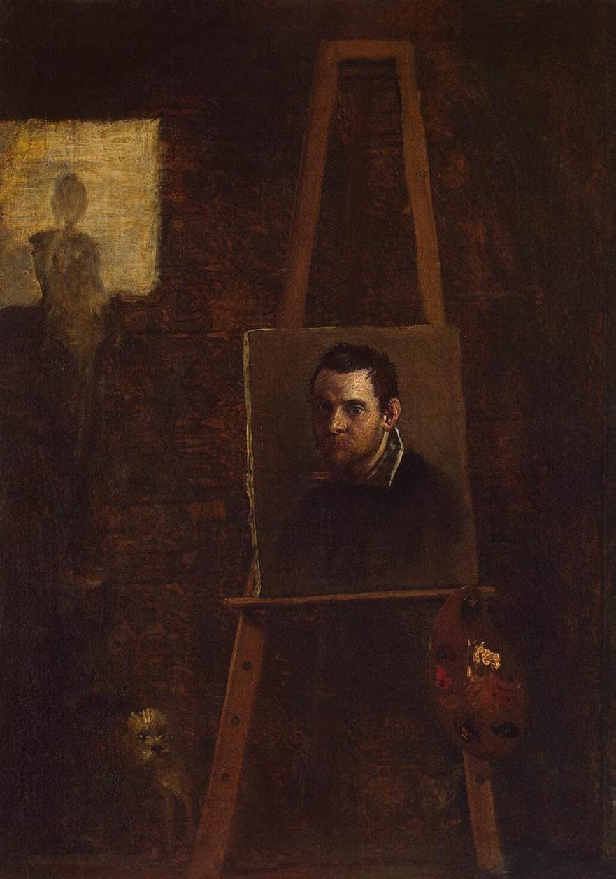 Self-portrait on an Easel in a Workshop by Annibale Carracci — hand-painted portrait oil painting reproduction on canvas