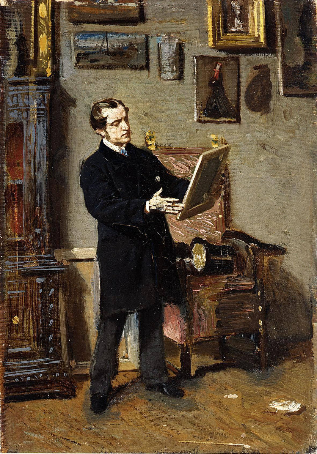Self-portrait while looking at a painting by Giovanni Boldini — hand-painted portrait oil painting reproduction on canvas