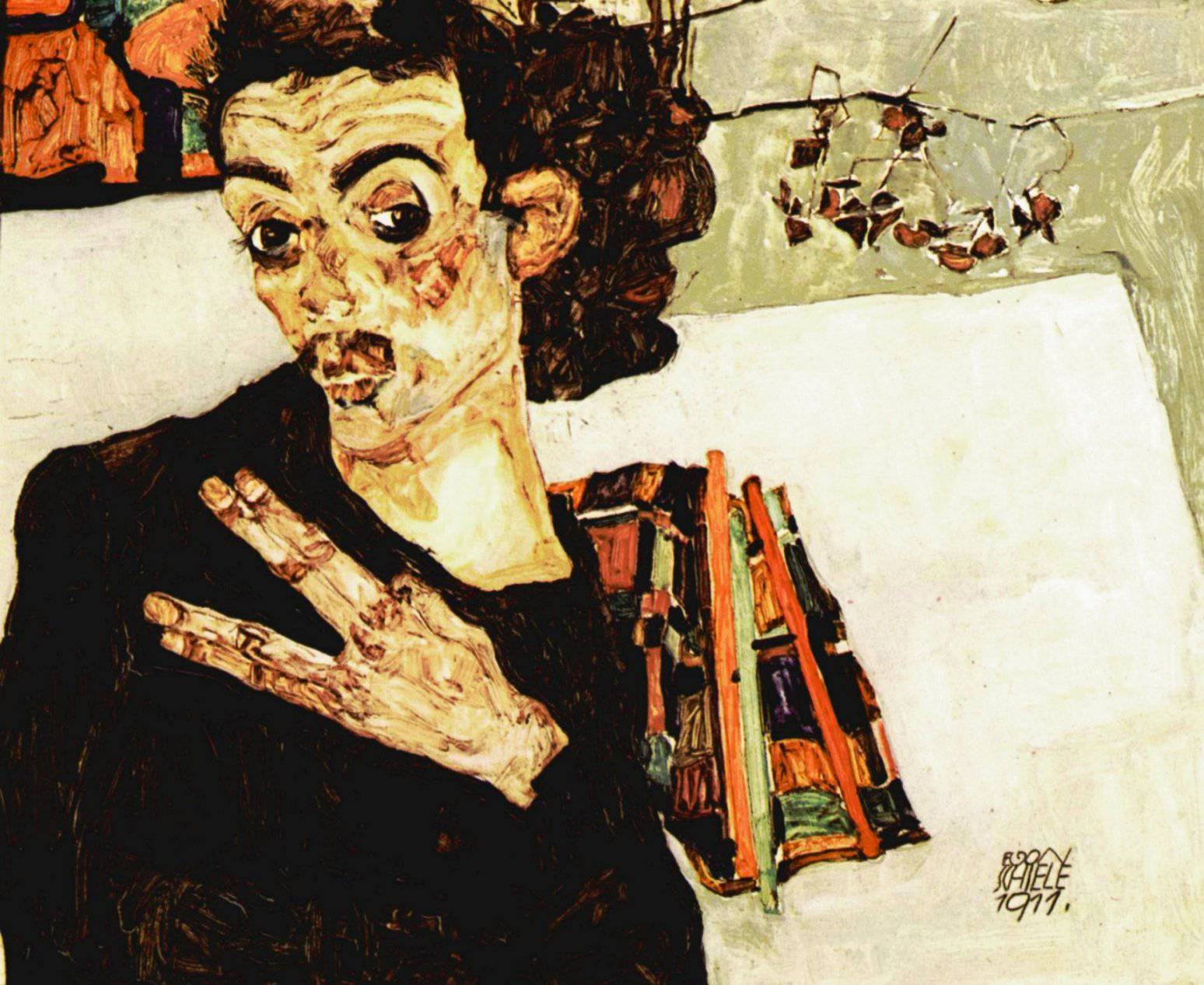 Self-Portrait with Black Vase and Spread Fingers - Egon Schiele