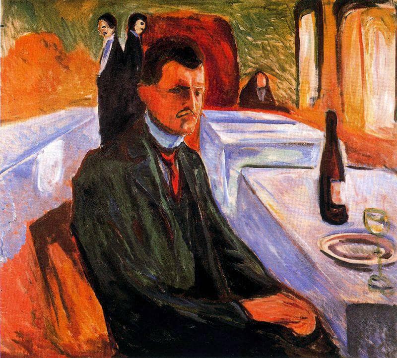 Self-portrait with bottle of wine by Edvard Munch — hand-painted portrait oil painting reproduction on canvas
