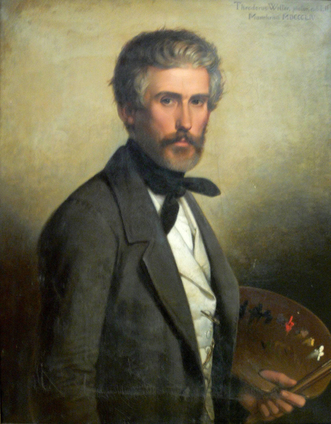 Self-portrait with brushes and palette by Theodor Leopold Weller — hand-painted portrait oil painting reproduction on canvas