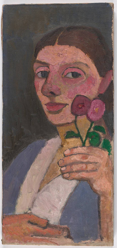 Self Portrait with Two Flowers in Her Raised Left Hand by Paula Modersohn-Becker, oil painting reproduction