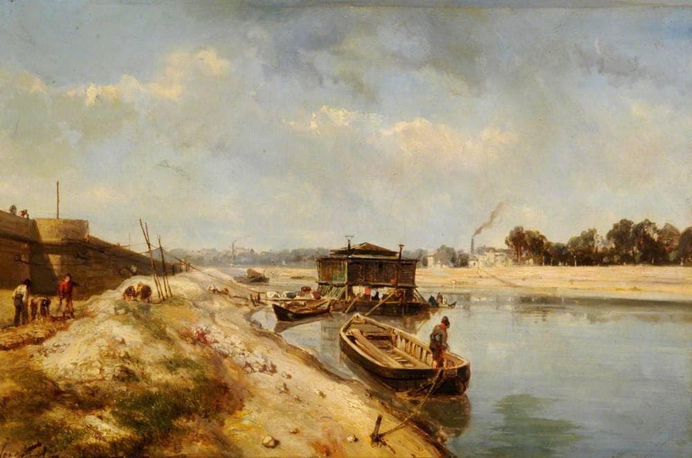 River Scene with Barges and Figures by Johan Jongkind — hand-painted landscape oil painting reproduction on canvas