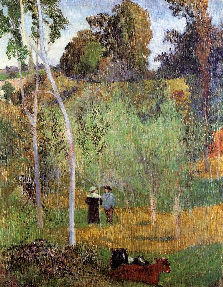 Sheperd and sheperdess in a meadow by Paul Gauguin — hand-painted animal oil painting reproduction on canvas