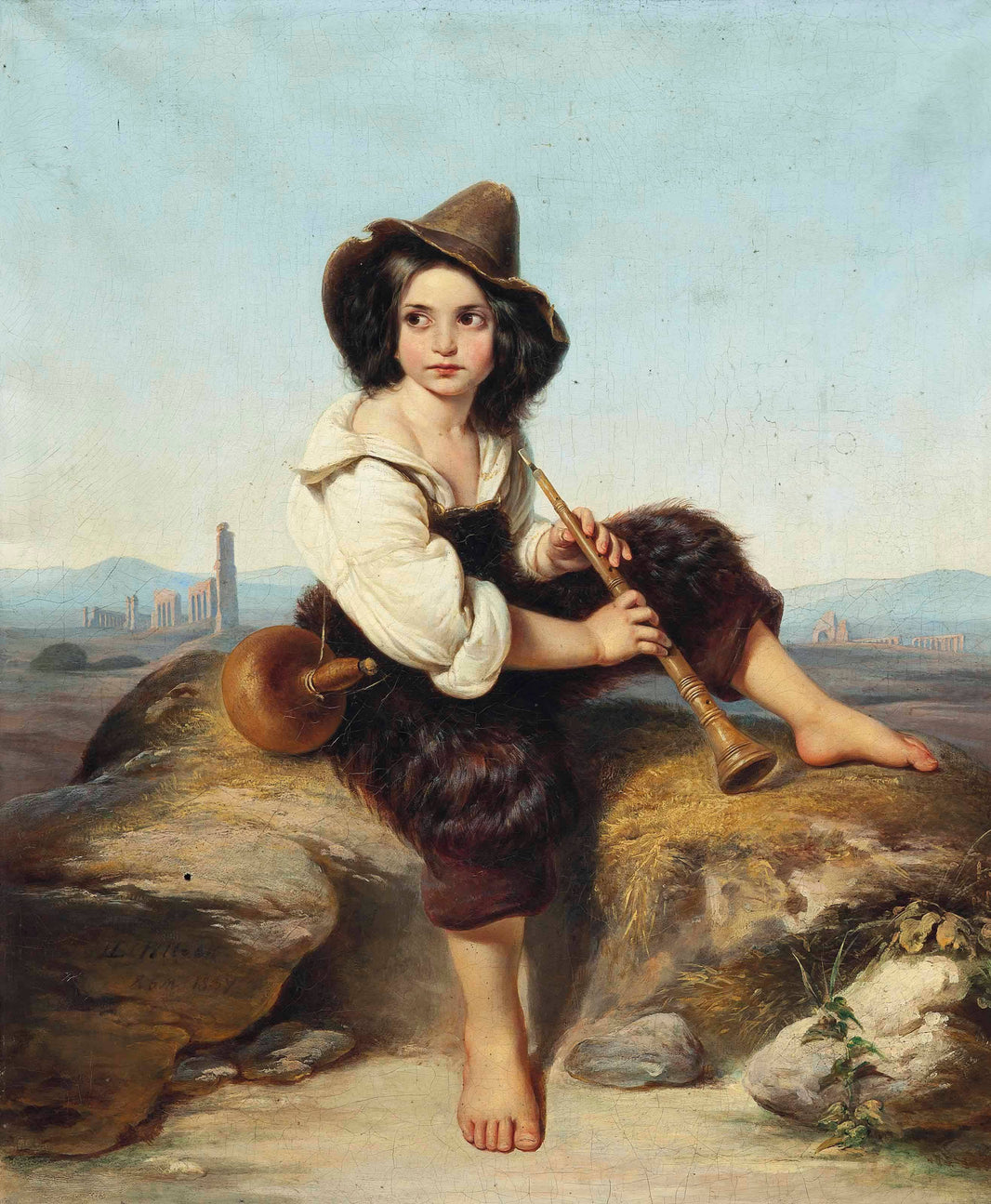 Shepherd boy playing the flute in the Roman Campagna by Leopold Pollak, hand-painted portrait oil painting reproduction on canvas