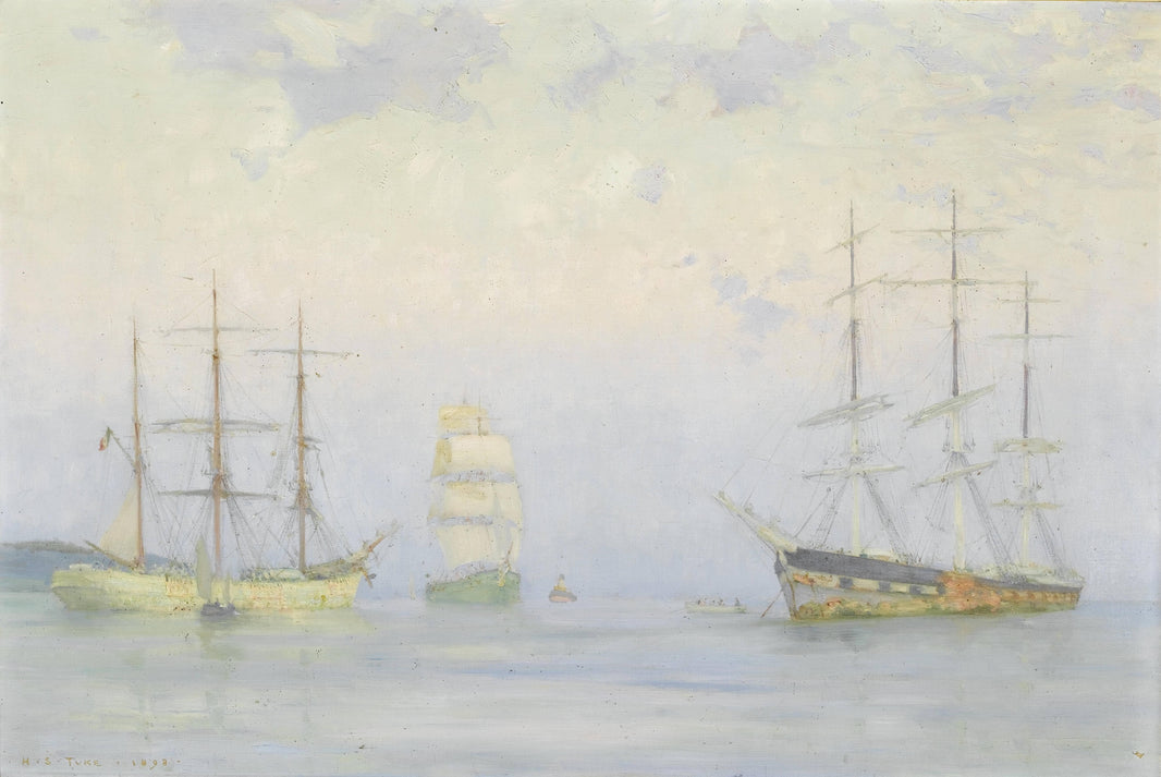 Shipping at Anchor, Carrick Roads by Henry Scott Tuke — hand-painted nautical oil painting reproduction on canvas