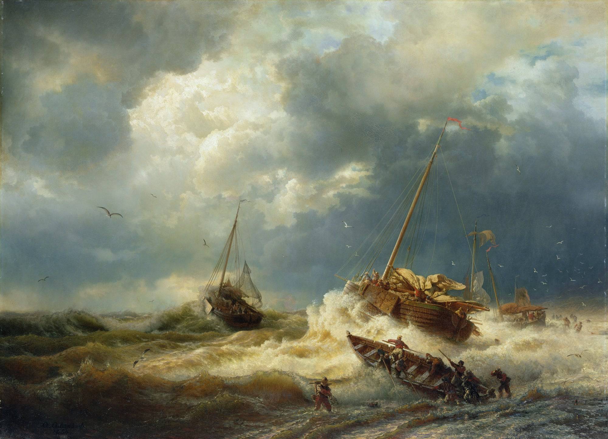 Ships In A Storm On The Dutch Coast - Andreas Achenbach