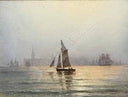 Ships in the Sound off Kronborg 1870 by Carl Frederik Sorensen — ships oil painting wall art, Romanticism