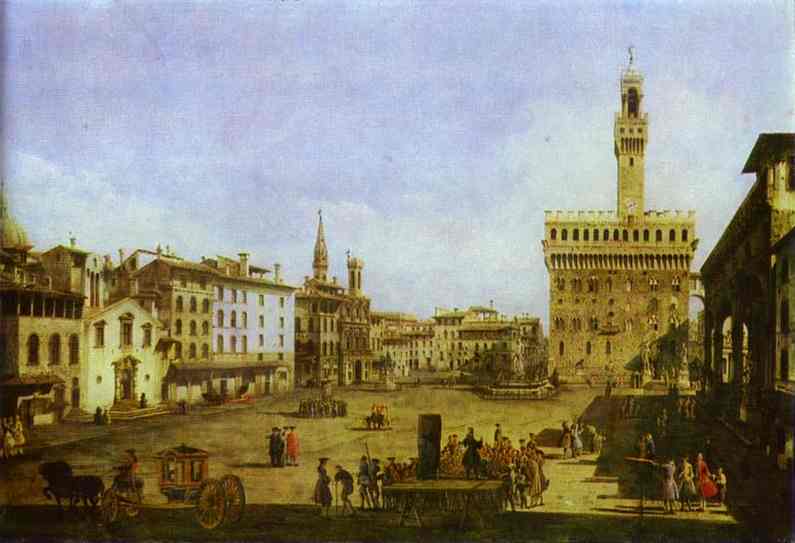 Signoria Square in Florence by Bernardo Bellotto — hand-painted architectural oil painting reproduction on canvas