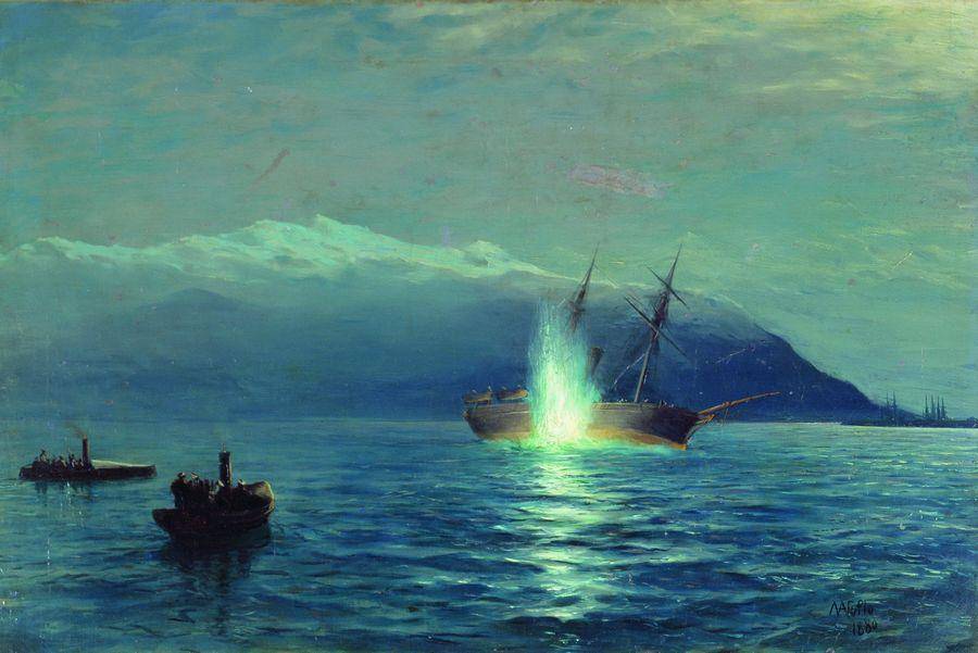 Sinking  the Turkish steamer 'Intibach' by boats of ship 'Grand Duke Constantine' in the Batumi raid on the night of January 14, 1878 - Lev Lagorio