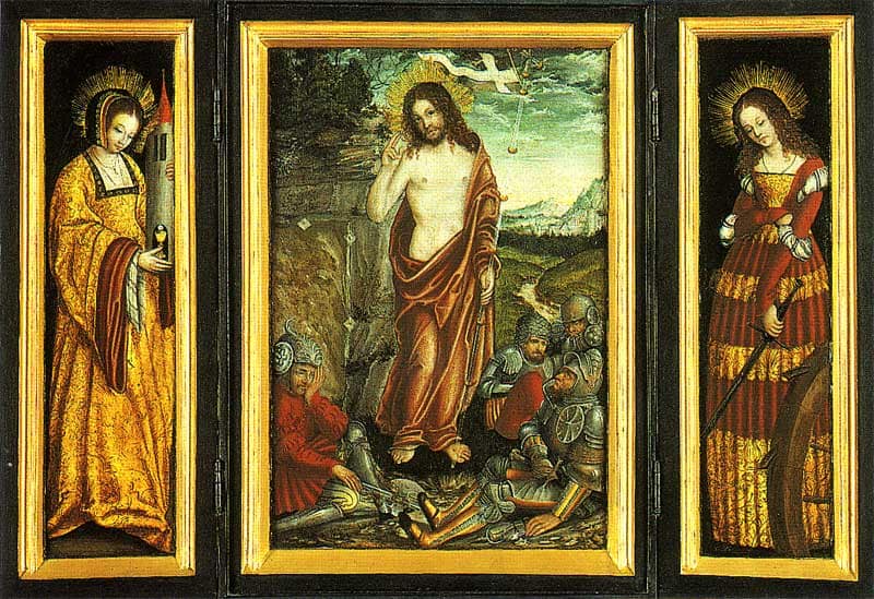 Small winged altar with the Resurrection of Christ, St. Barbara (Left Wing) and St. Catharine (right Wing) by Lucas Cranach the Elder — hand-painted cultural oil painting reproduction on canvas