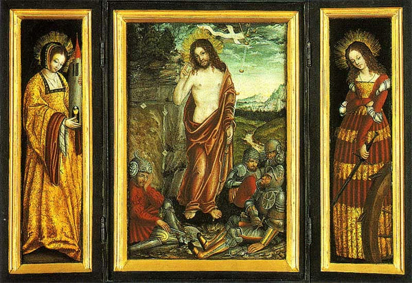 Small winged altar with the Resurrection of Christ, St. Barbara (Left Wing) and St. Catharine (right Wing)