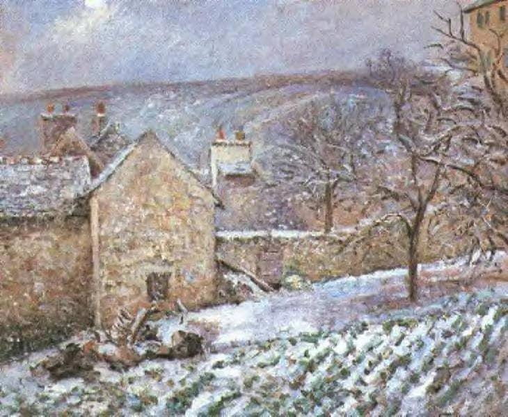 Snow at the Hermitage, Pontoise by Camille Pissarro — hand-painted landscape oil painting reproduction on canvas