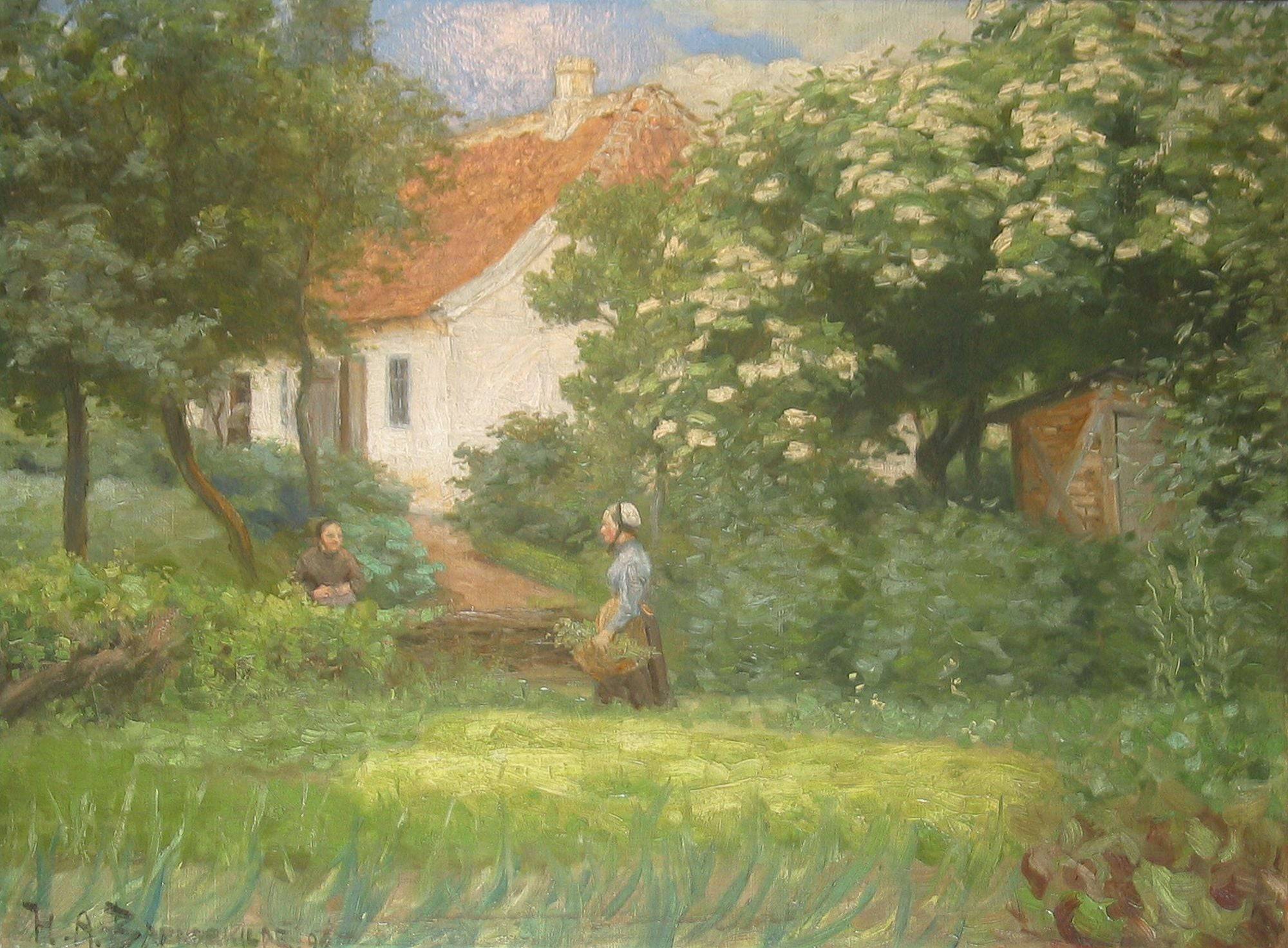 Sommerdag I Haven. to Kvinder I Samtale Ved Blomstrende Kastanjetræ - Hans Andersen Brendekilde