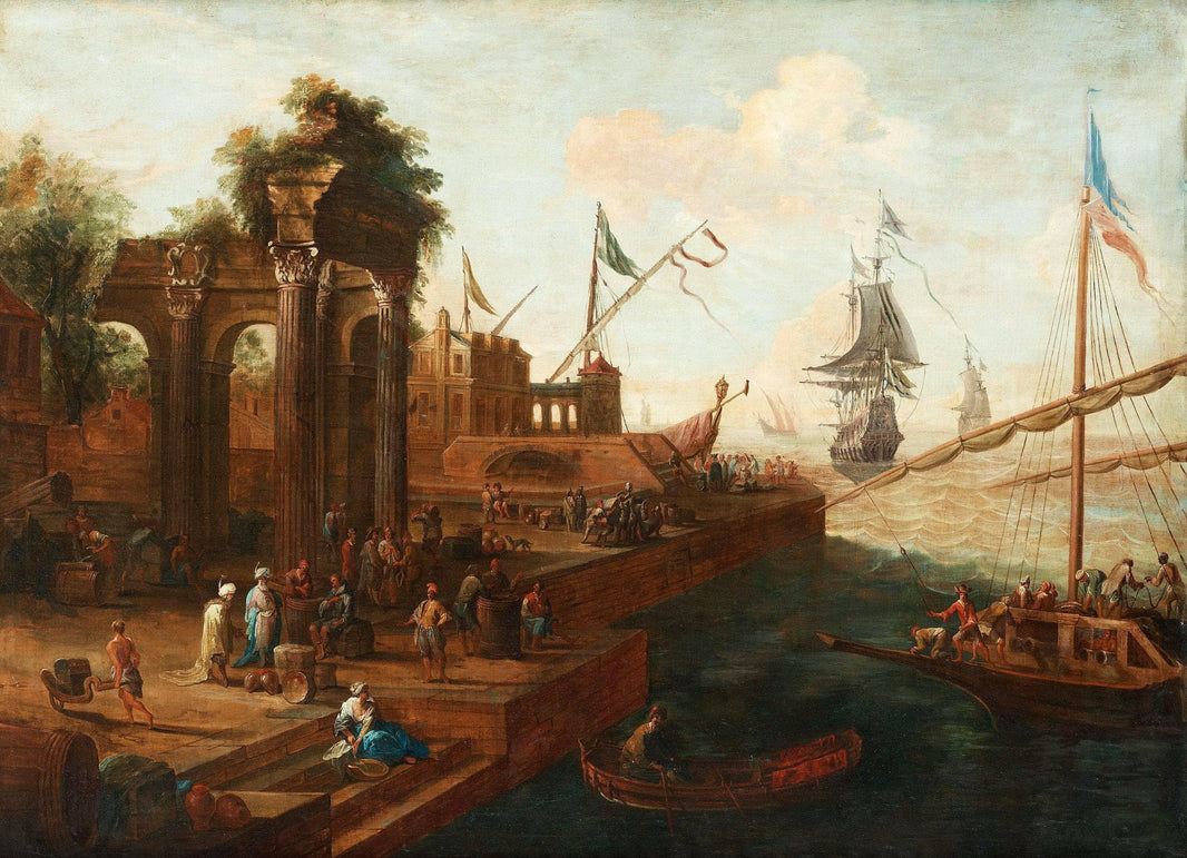 Southern Port with Figures and Ships by Abraham Storck — hand-painted architectural oil painting reproduction on canvas