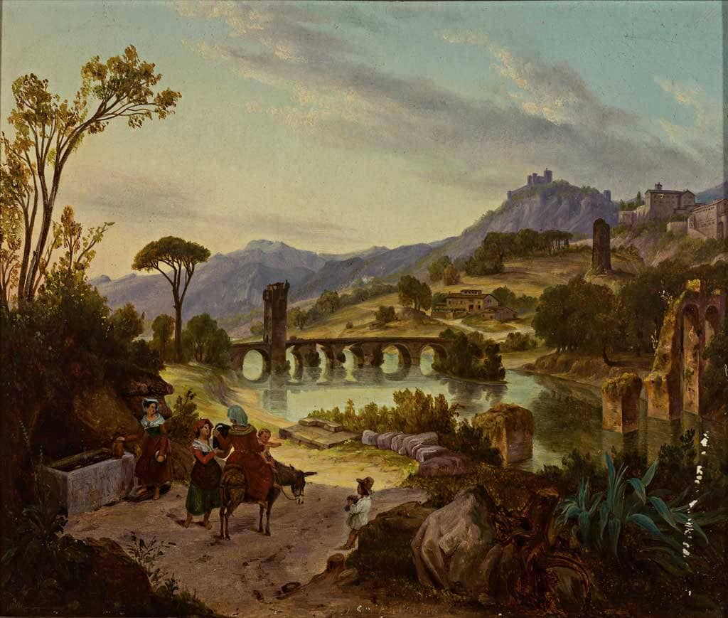 Southern river landscape with stone bridges, in the foreground lively activity at the well by August Ahlborn — hand-painted landscape oil painting reproduction on canvas