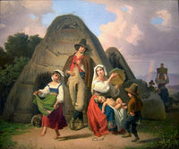 Southern shepherd family in front of a straw hut with dancing children