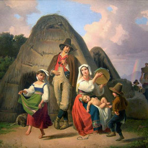 Southern shepherd family in front of a straw hut with dancing children
