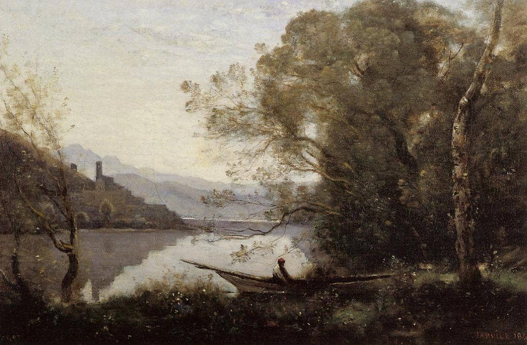 Souvenir of Italy (The Moored Boat) by Camille Corot — hand-painted botanical oil painting reproduction on canvas