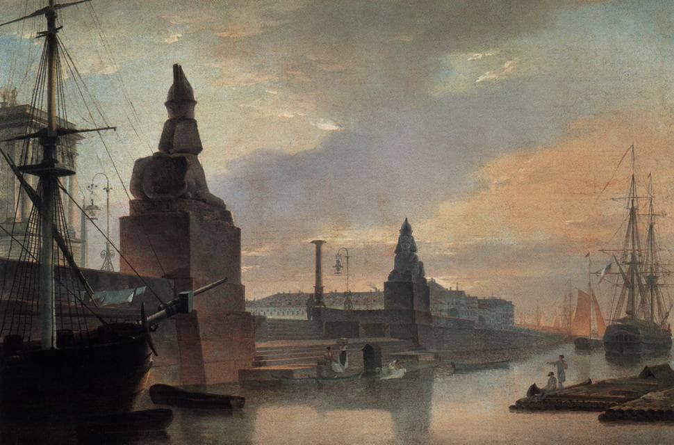 Sphinxes lining a quay in front of St. Petersburg Academy of Arts by Maxim Vorobiev — hand-painted architectural oil painting reproduction on canvas
