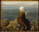 Spinner on the rocks in Douarnenez by Jules Breton — seascapes oil painting wall art, Realism