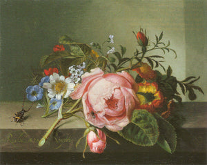 Spray of Flowers, with a Beetle on a Stone Balustrade - Rachel Ruysch