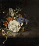Spray of Flowers with Insects and Butterflies on a Marble Slab by Rachel Ruysch — flower oil painting wall art, Baroque