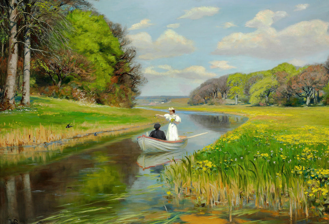 Spring. a Young Couple in a Rowing Boat on Odense Å by Hans Andersen Brendekilde — hand-painted eco oil painting reproduction on canvas